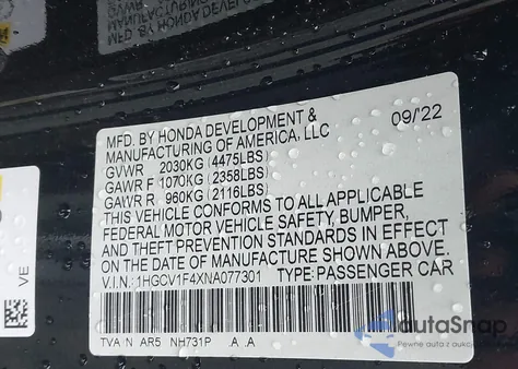 2022 Honda Accord Sport Special Edition из США, поврежденный, VIN 1HGCV1F4XNA077301